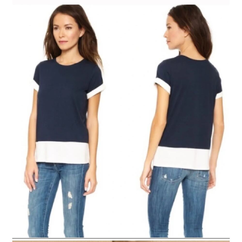 VINCE Navy White Colorblock Crewneck T-Shirt Large Cuffed Minimalist Tee Top